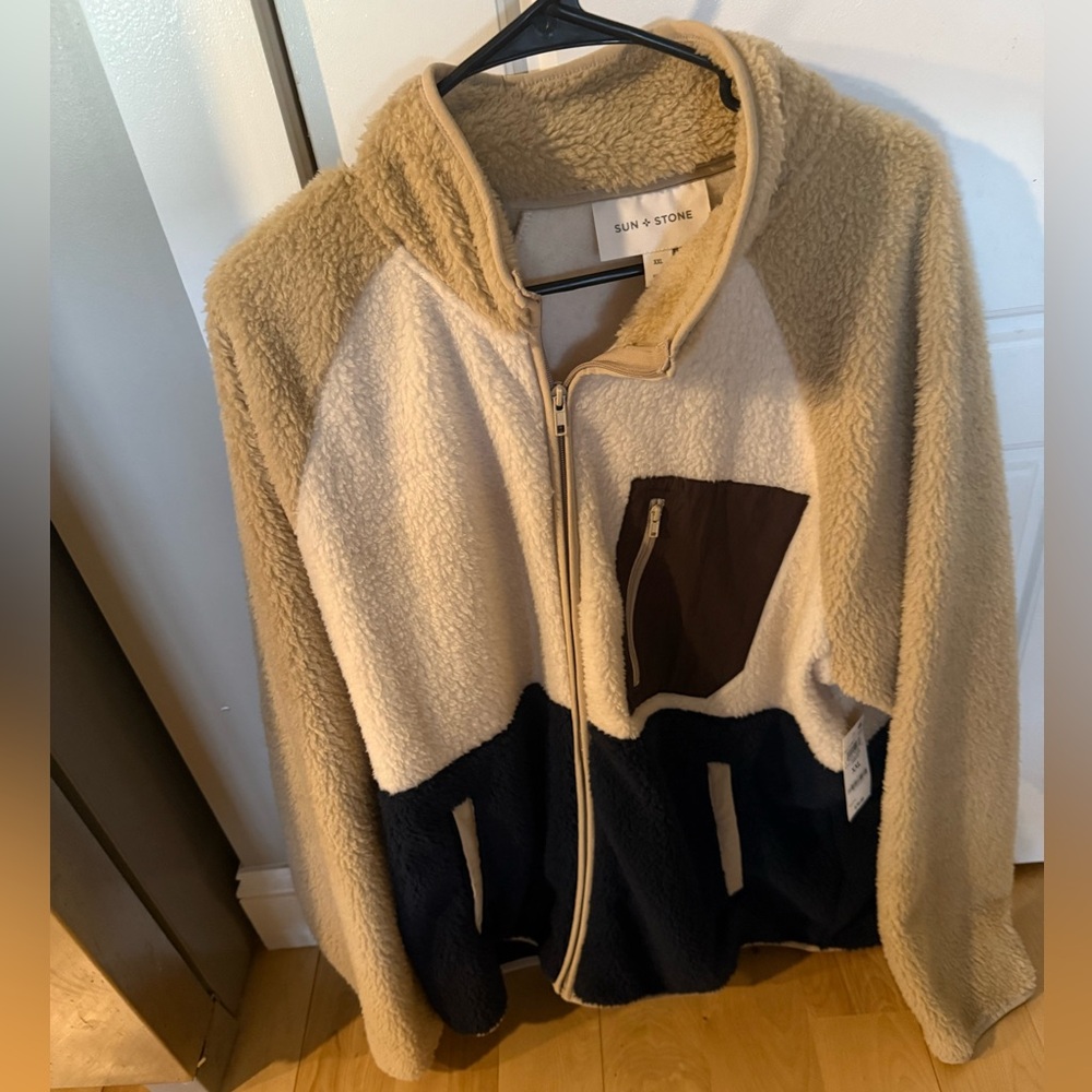 Sun + Stone Tan and Cream Fleece Jacket